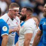 England's Ellis Genge, center, celebrates scoring a try against Argentina during a Nations Championship rugby match in Santiago Del Estero, Argentina, Saturday, July 18, 2026. (AP Photo/Gustavo Garello)